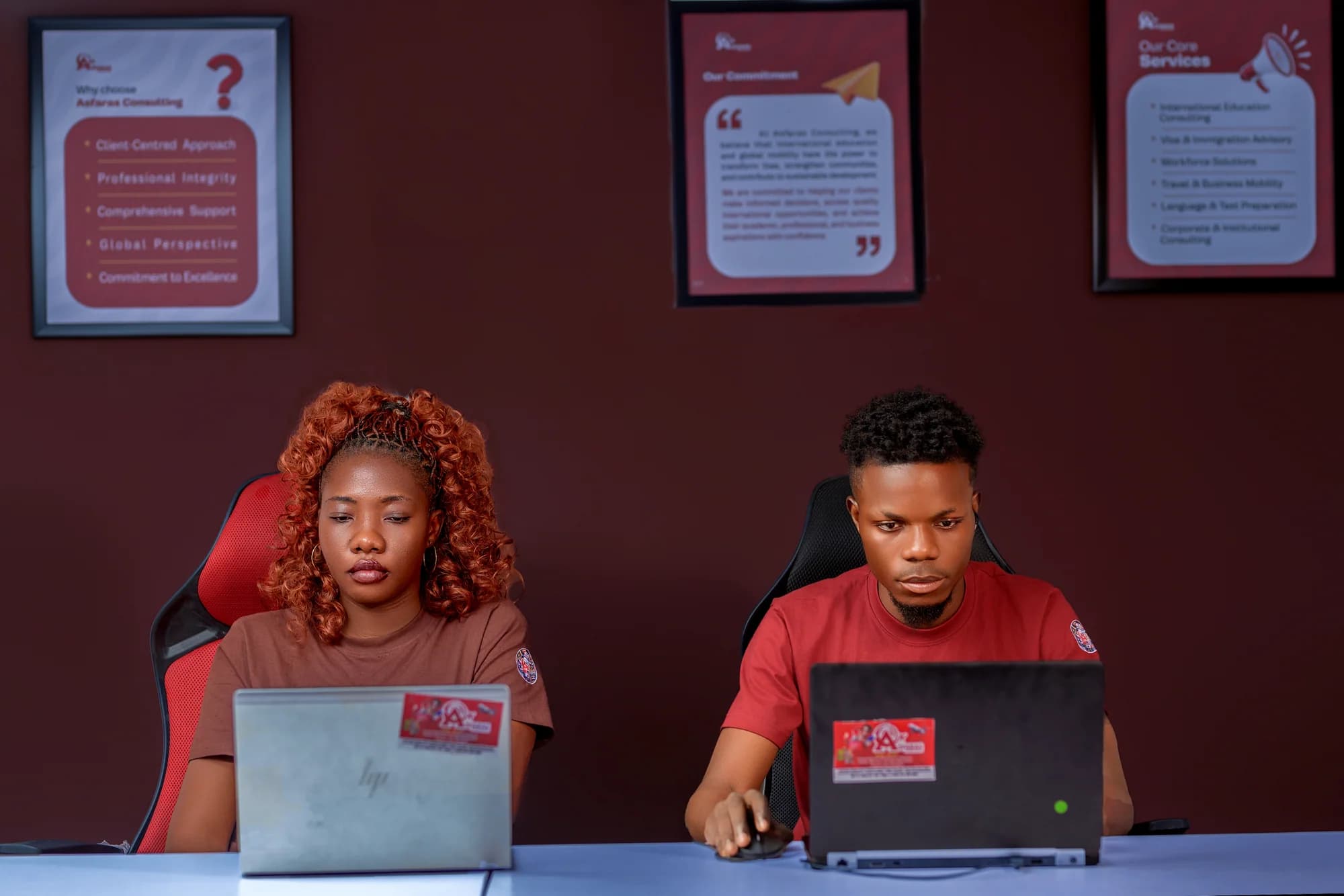 Asfaras team members working together on laptops