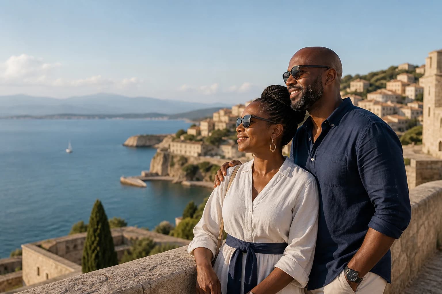 A couple enjoying a coastal vacation overlooking the sea